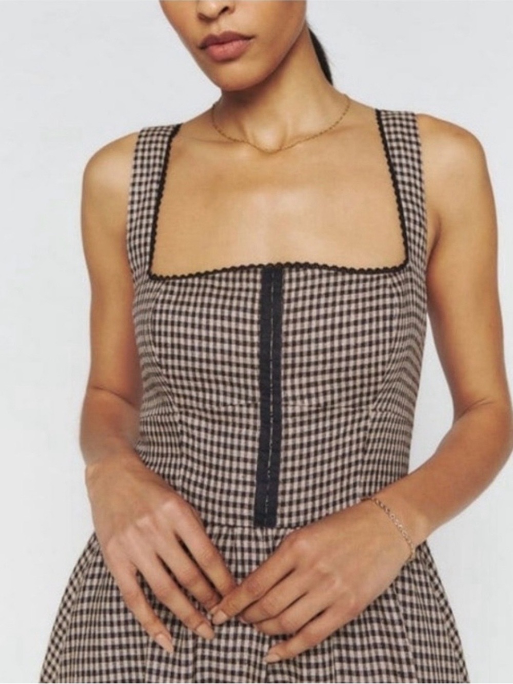 Reformation Brown & Black Gingham Square-Neck Dress